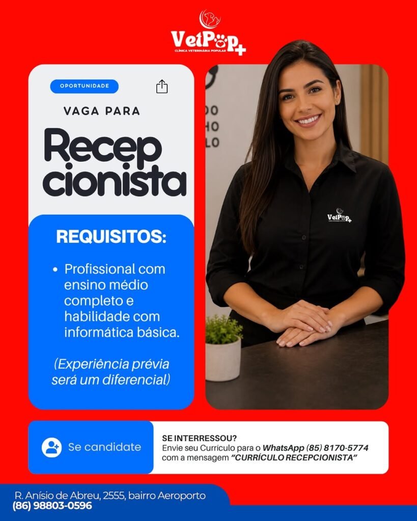 Vaga de emprego para Recepcionista