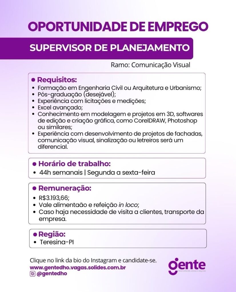 Vaga de emprego para Supervisor de Planejamento