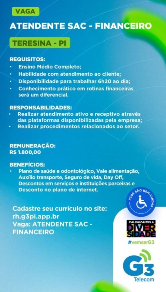 Vaga de emprego para Atendente SAC (Financeiro)