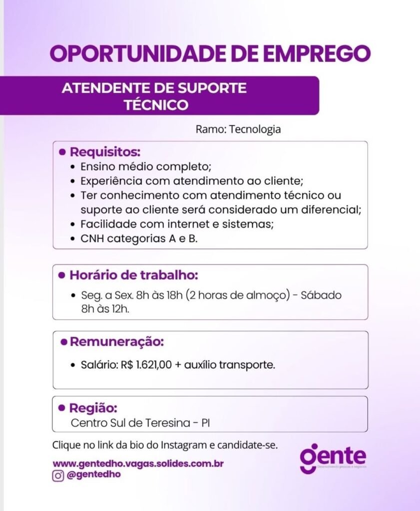 Vaga de emprego para Atendente de Suporte Técnico