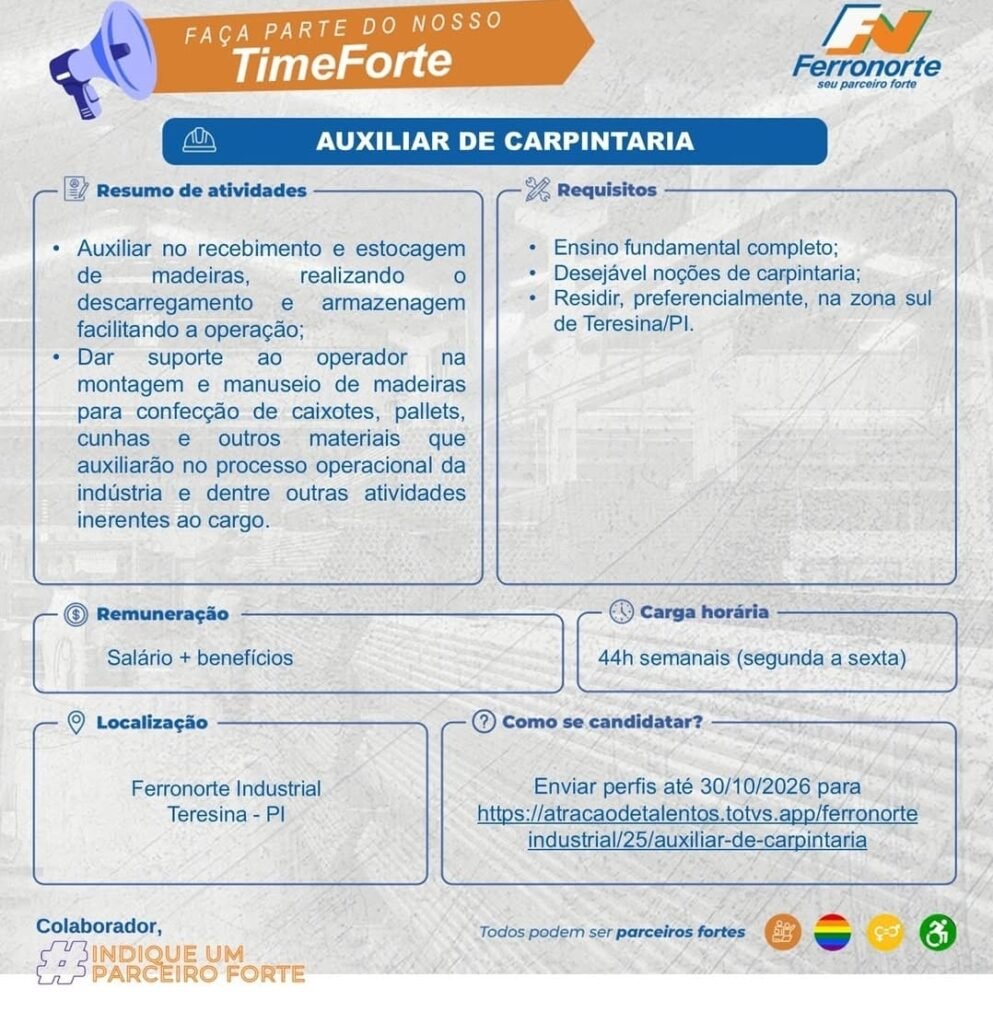 Vaga de emprego para Auxiliar de Carpintaria