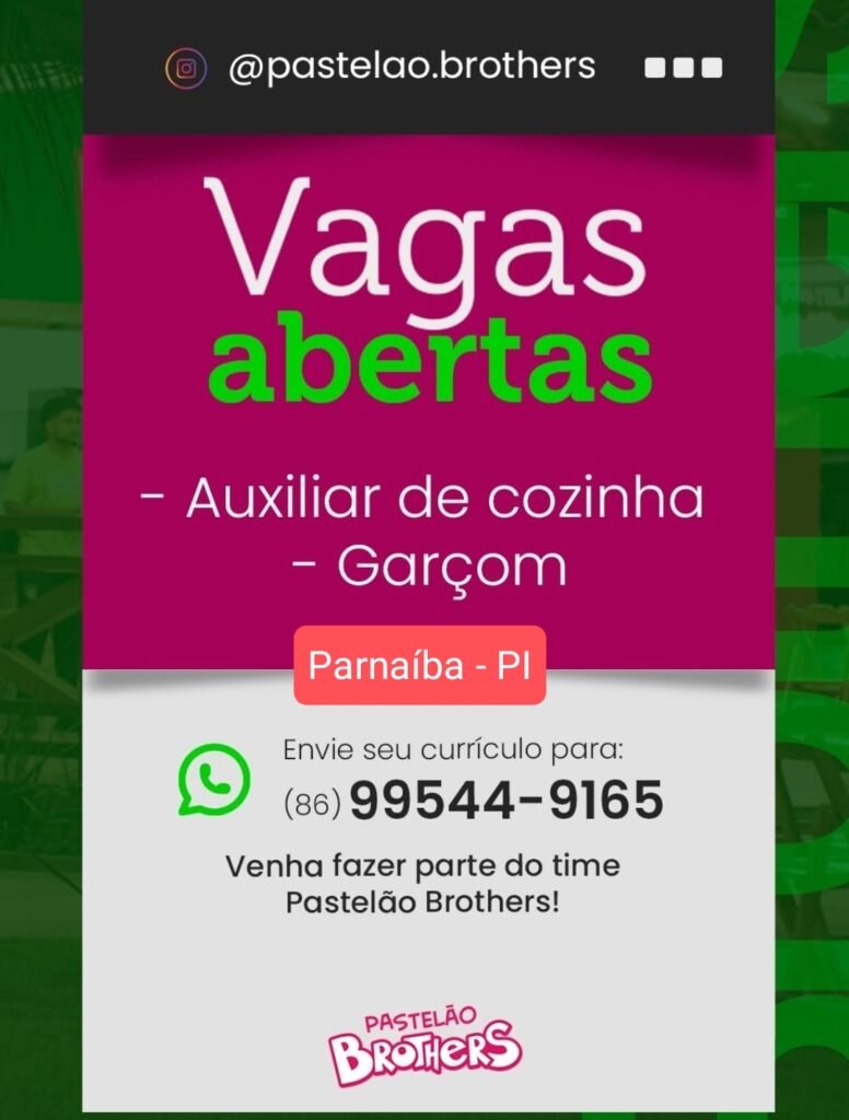 Vaga de emprego para Auxiliar de Cozinha e Garçom em Parnaíba