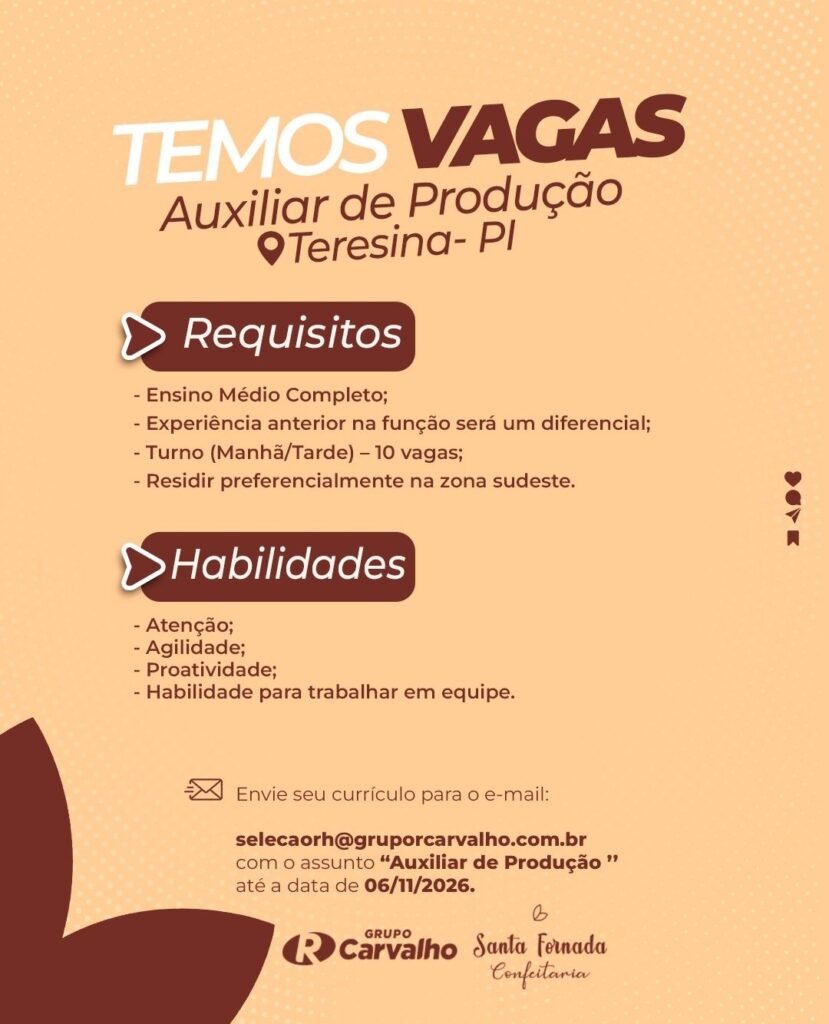 Vaga de emprego para Auxiliar de Produção