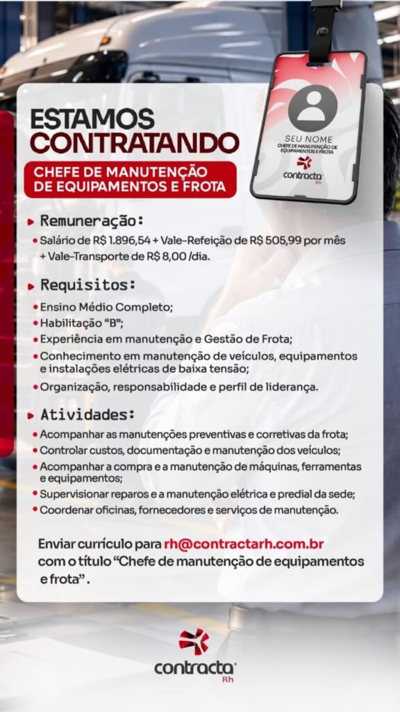 Vaga de emprego para Chefe de Manutenção de Equipamentos e Frotas