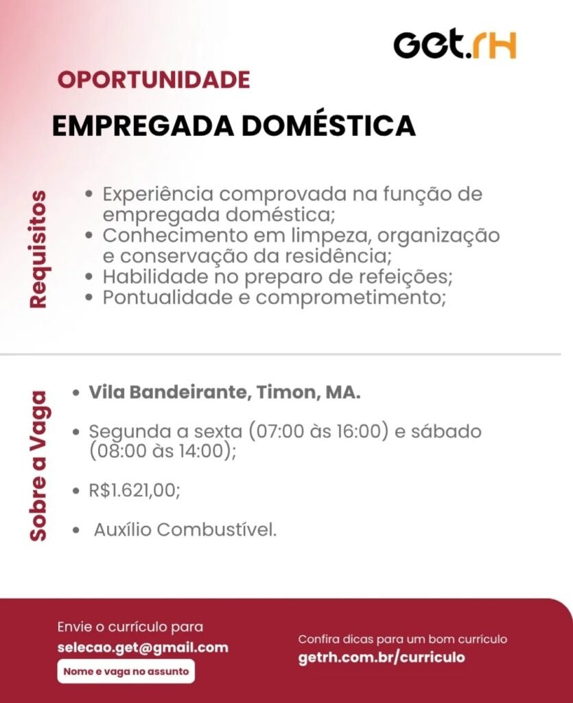 Vaga de emprego para Empregada Doméstica