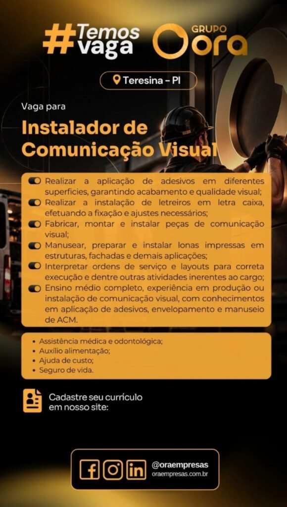 Vaga de emprego para Instalador de Comunicação Visual