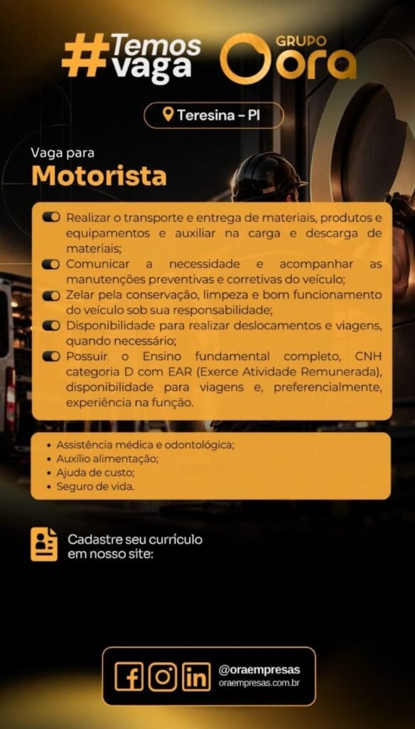 Vaga de emprego para Motorista