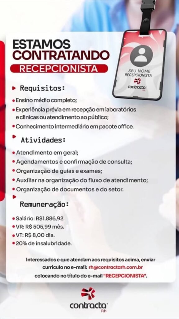 Vaga de emprego para Recepcionista