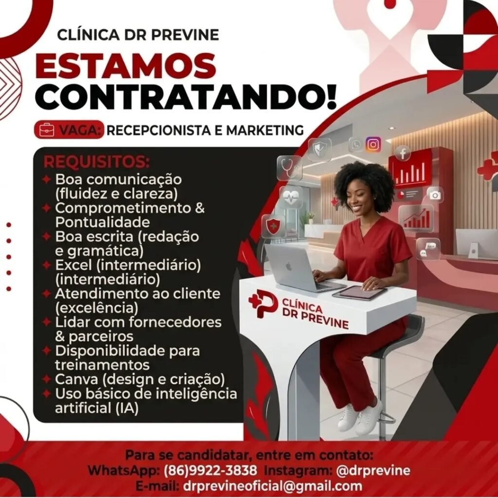 Vagas de emprego para Recepcionista e Marketing