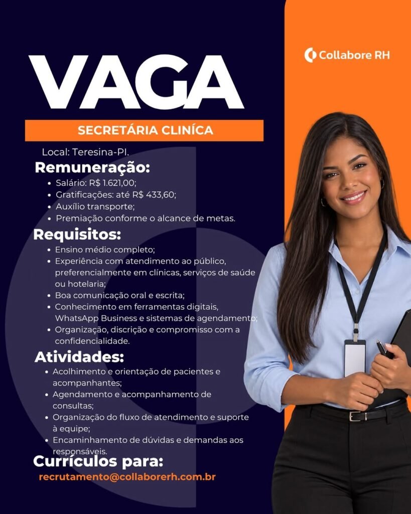 Vaga de emprego para Secretária Clínica