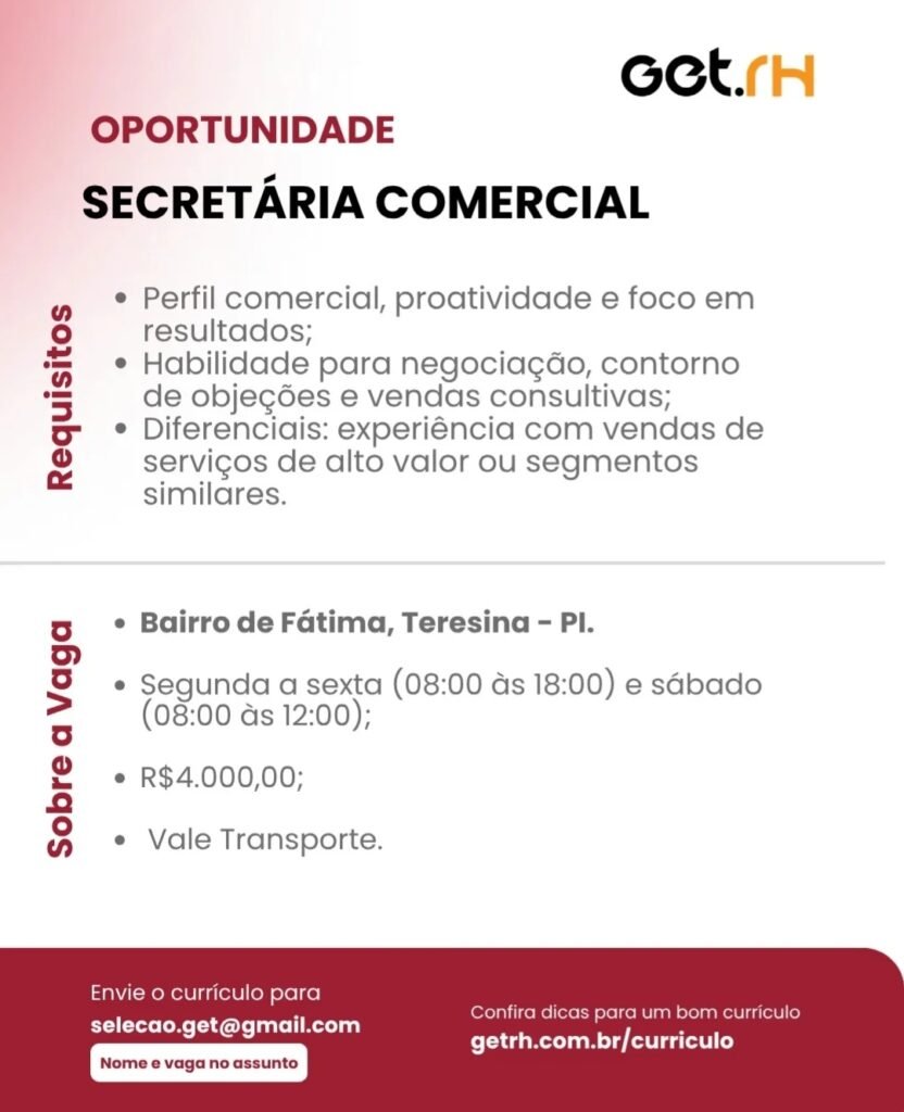 Vaga de emprego para Secretária Comercial