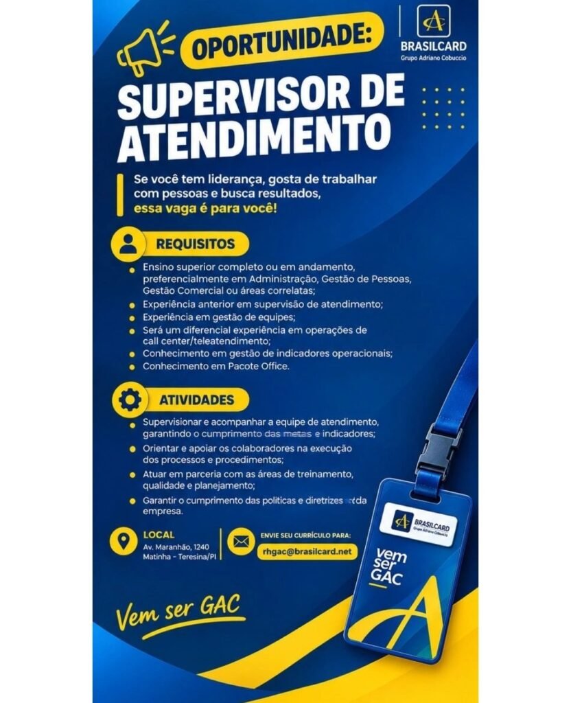 Vaga de emprego para Supervisor de Atendimento