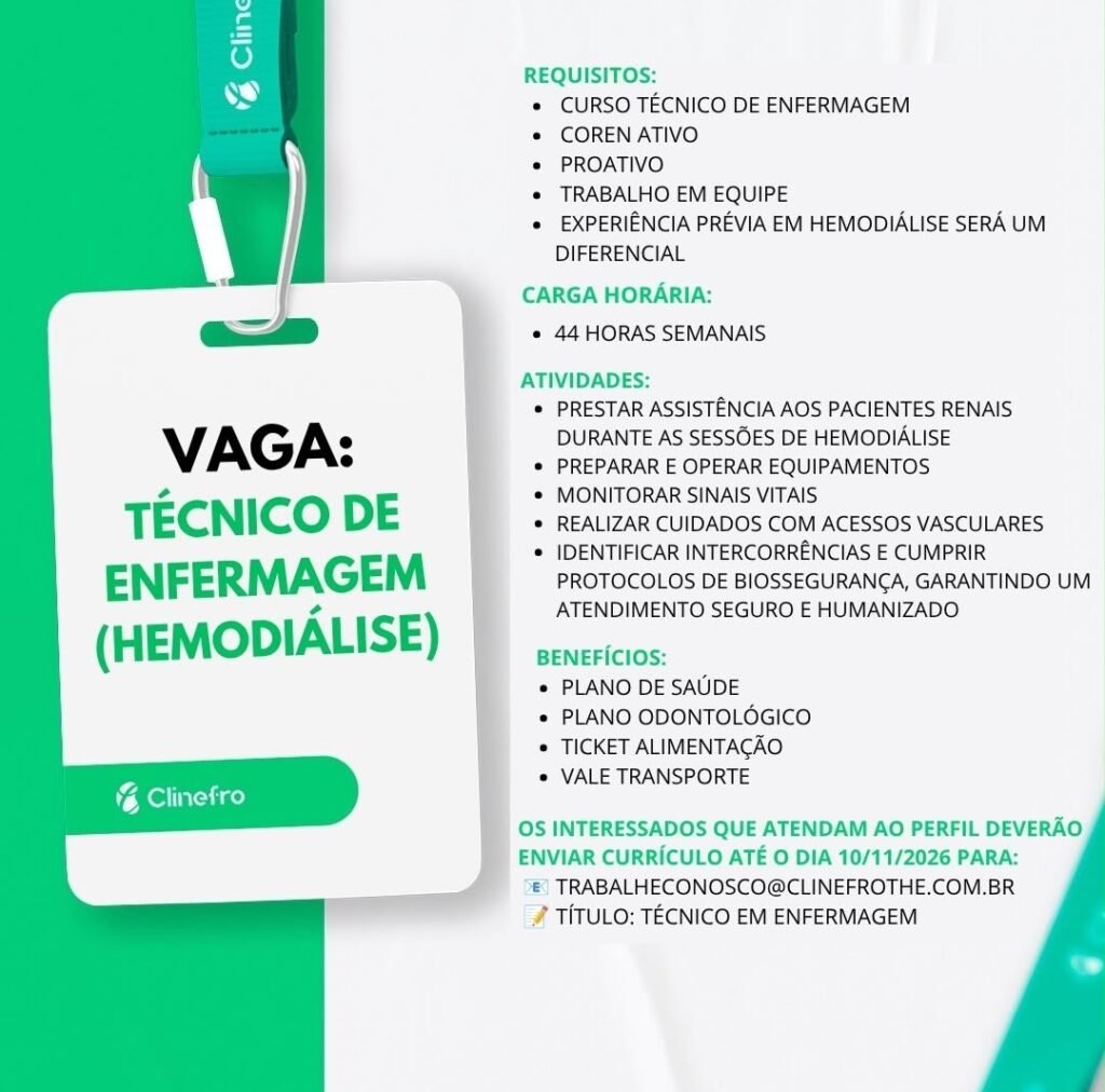 Vaga de emprego para Técnico de Enfermagem