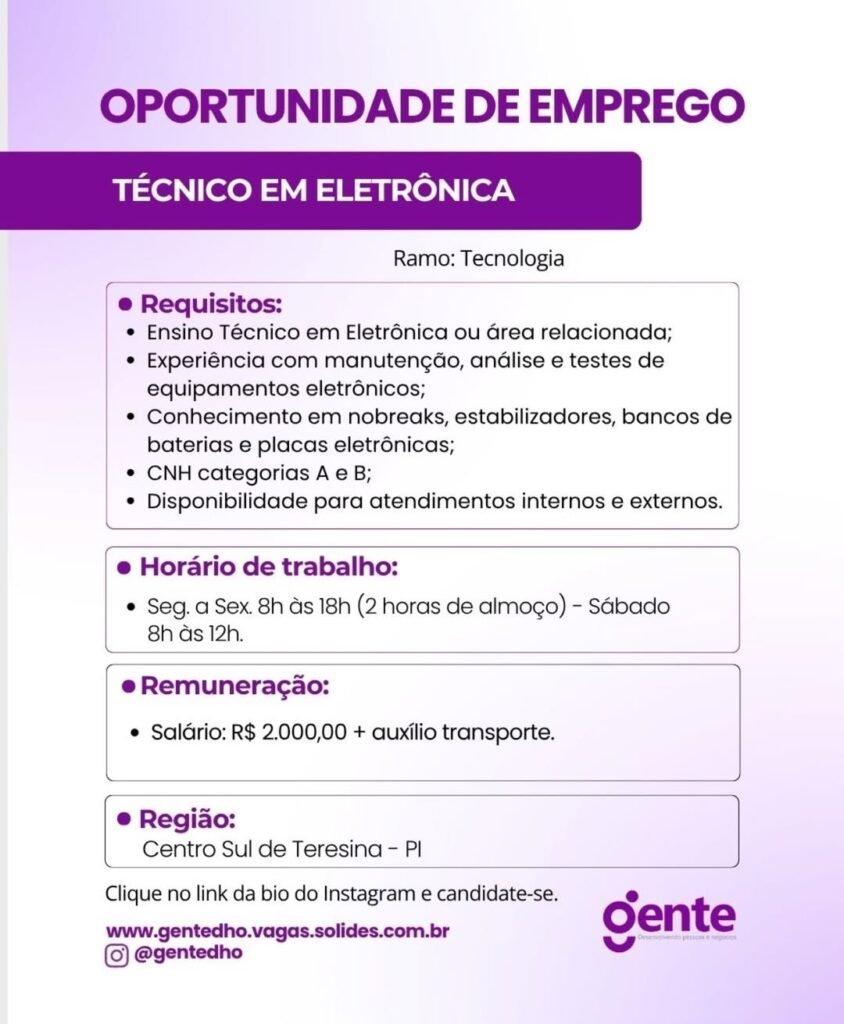 Vaga de emprego para Técnico em Eletrônica
