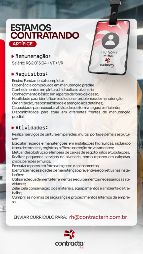 Vaga de emprego para Artífice