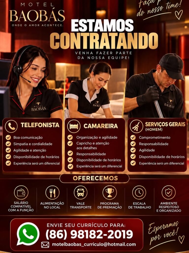 Vaga de emprego para Telefonista, Camareira e Serviços Gerais